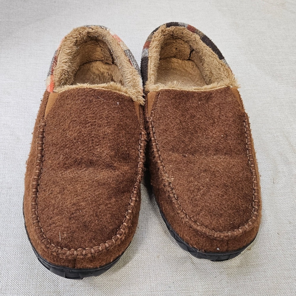 Newdenber Moccasin Slippers Mens 11 Brown Plaid Faux Fur Lined House Shoes Cozy